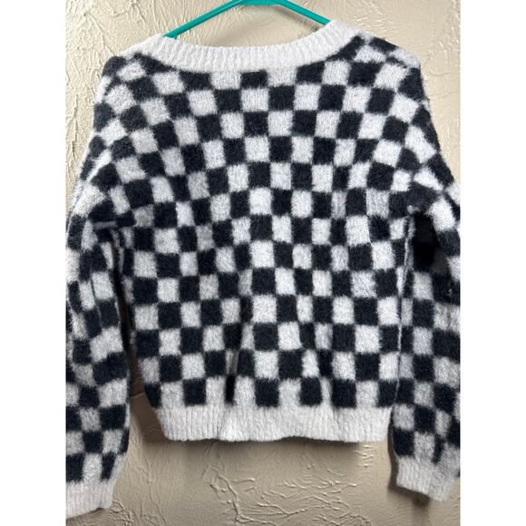 Industry Black White Checkered Fluffy Knit Button Up Cardigan Womens Size XS - Picture 5 of 7